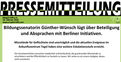 Bildungssenatorin Günther-Wünsch lügt über Beteiligung und Absprachen mit Berliner Initiativen.