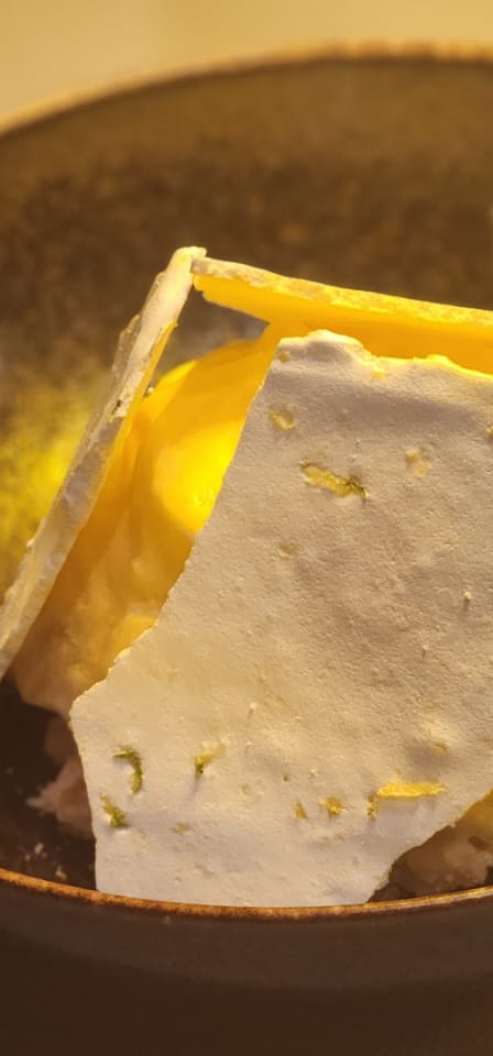 Savory Crumble, Mango, Passion Fruit Foam, Lime Meringue 