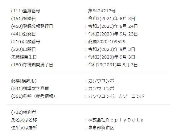”カソウコンボ”商標取得につきまして