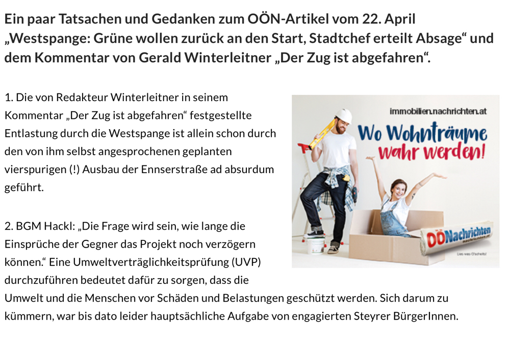 Leserbrief unseres Obmann Stellvertreters Paul Enzendorfer zum OÖN Artikel vom 22.04.2020 „Der Zug ist abgefahren“