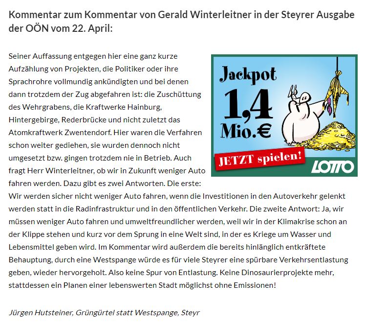 Leserbrief unseres Obmann STellvertreters Jürgen Hutsteiner zum OÖN Artikel vom 22.04.2020 "Der Zug ist abgefahren"