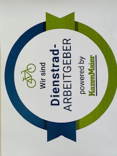 Das Logo des Dienstrad-Arbeitgebers. Zu sehen ist das Symbol eines Fahrrads mit der Aufschrift: Wir sind Dienstrad-Arbeitsgeber - powered by KazenMaier 