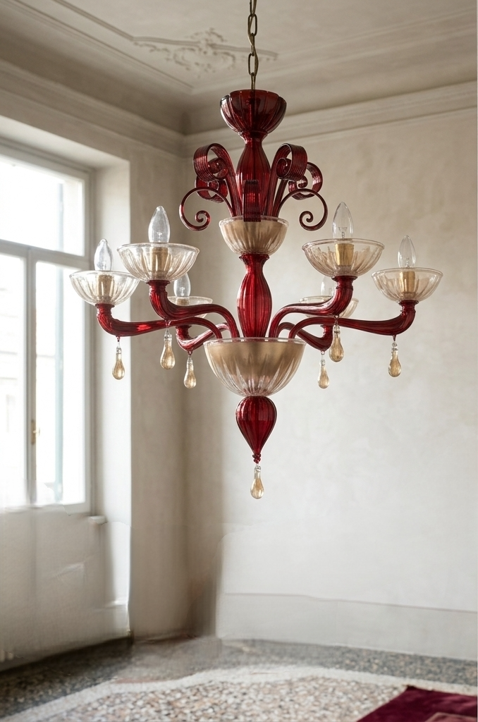 Lampadario Ushuaia in vetro di Murano lavorato a mano con coppe decorative e finiture pregiate
