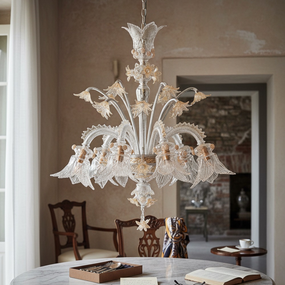Lampadario Murano Gluck 8 luci oro in vetro artistico