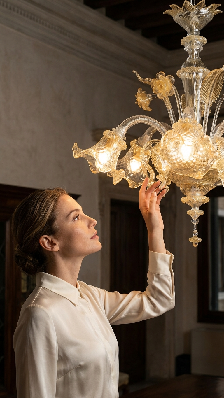 Lampadario Veneziano Originale 6 luci in vetro di Murano lavorato a mano stile veneziano classico con finitura trasparente e oro