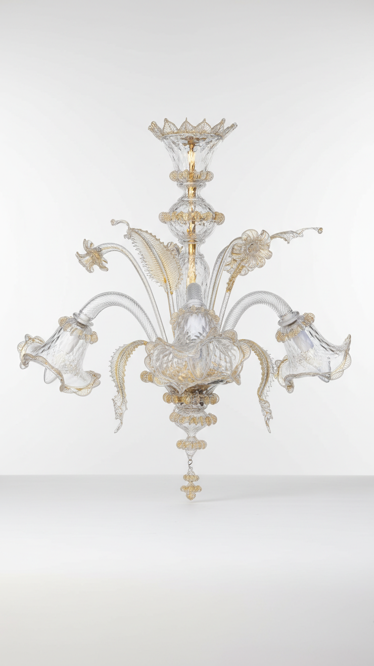 Veneziano Originale 3 luci in vetro di Murano lavorato a mano con bracci rivolti verso il basso per sala raffinata