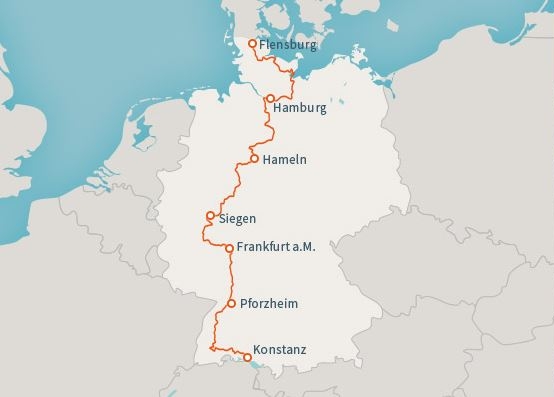 Route des E1 längs durch Deutschland (Quelle: e1.hiking-europe.eu)