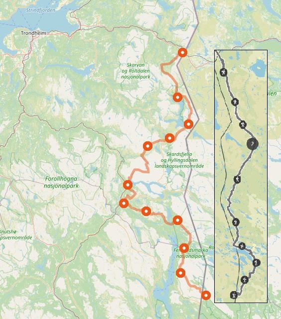 Rot: Original E1-Route   , grau: der Södra Kungsleden (nördlicher Teil). Dazwischen: die Grenze zwischen Norwegen und Schweden