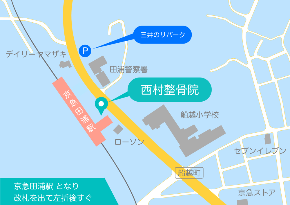 ● 電車を利用の際 ／ 京急田浦駅下車　改札を出て左折すぐ