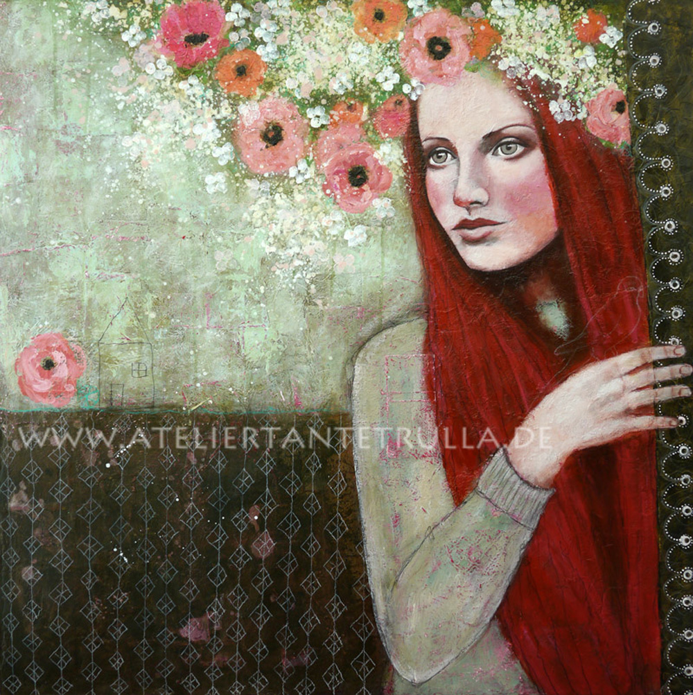 Kunstdruck Portrait Frau mit Blumen im Haar