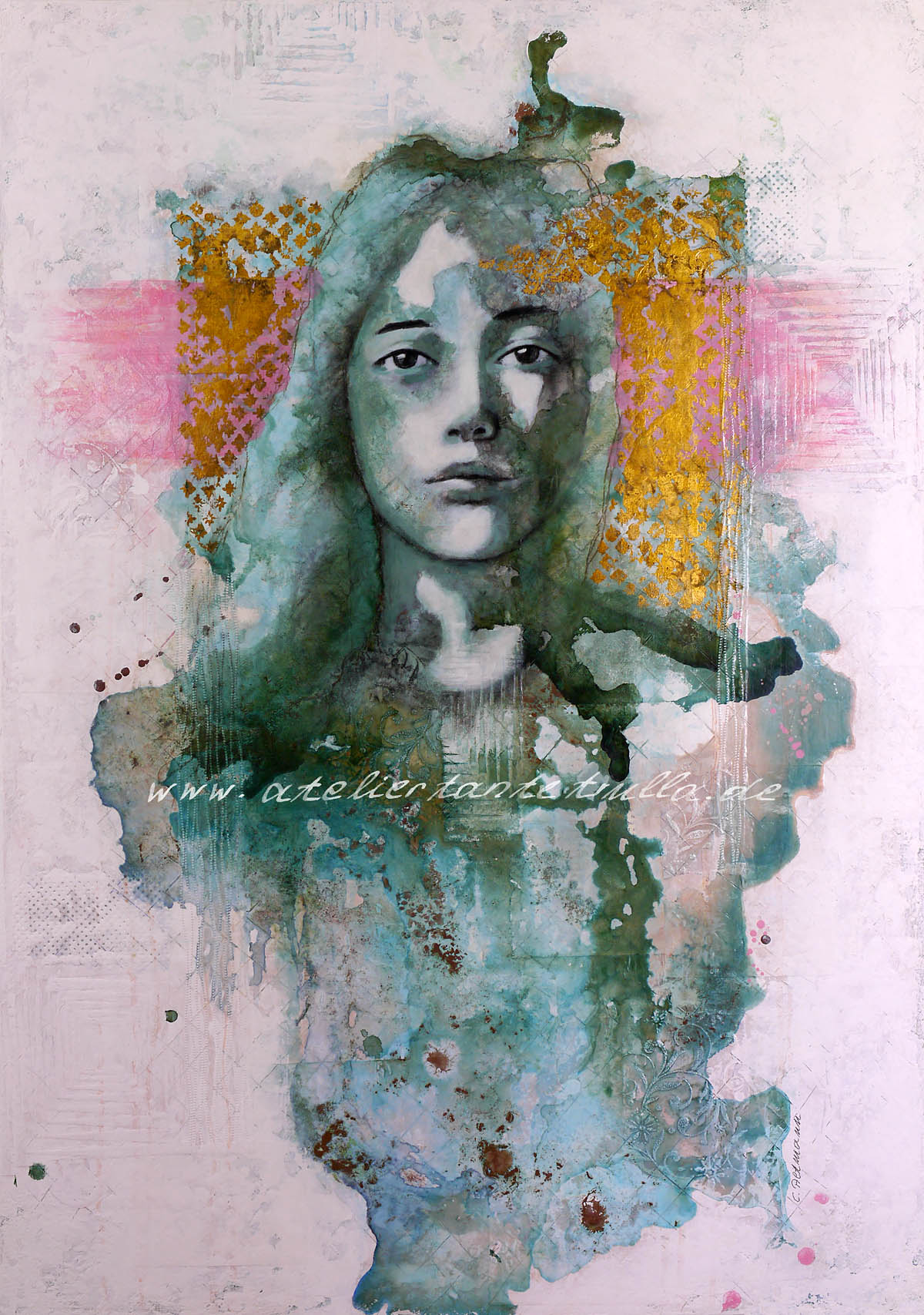 portrait painting with goldleaf by Conni Altmann, www.ateliertantetrulla.de