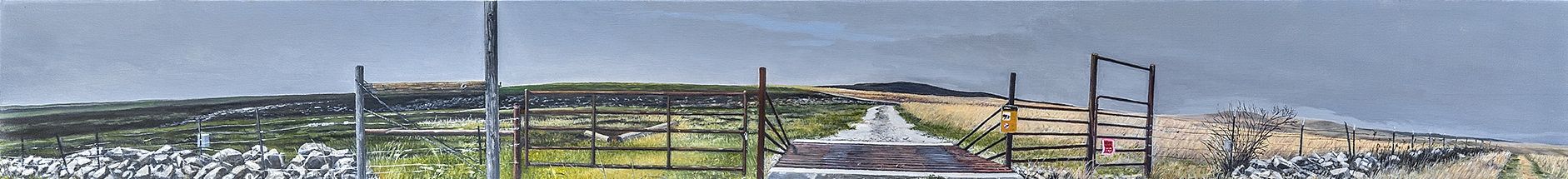 Cattle Gate, Nation Tall Grass Prairie by Russell Horton, Oil on canvas over board, 8 3⁄4”x70 3⁄4”, $3000