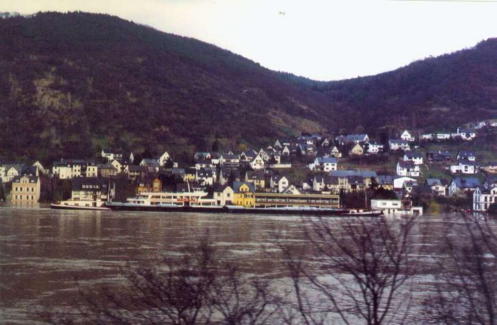 1988 Hochwasser. Blick von der linken Rheinseite auf Kamp