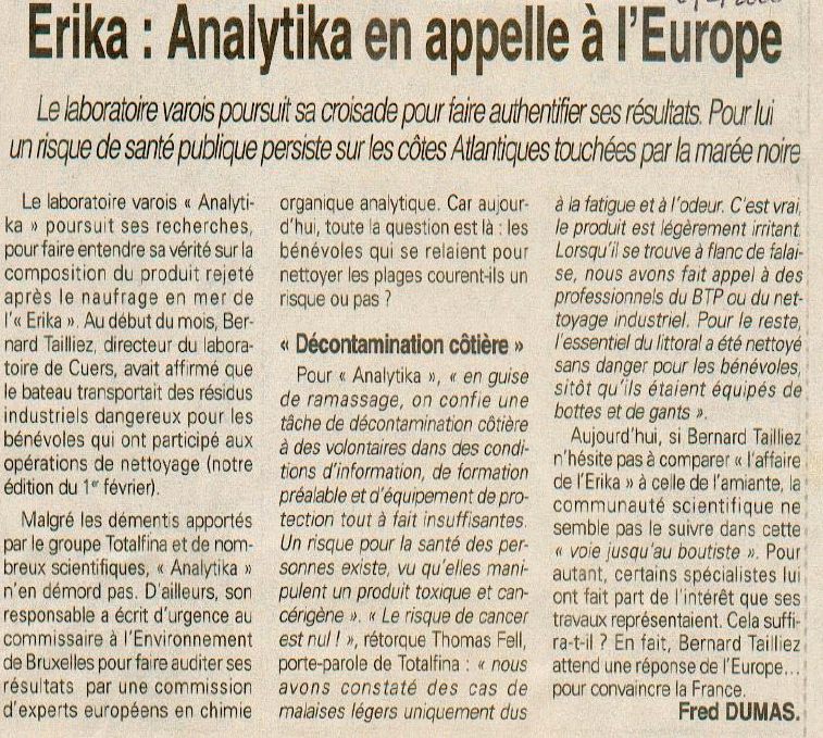 10.02.2000 > VAR MATIN :"Analytika en appelle à l'Europe"