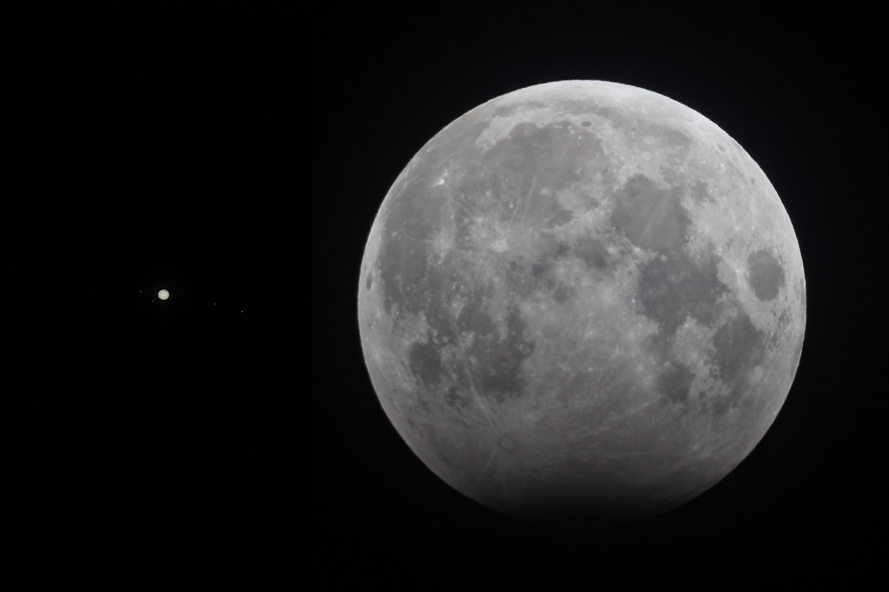 Jupiter und der verfinsterte Mond im direkten Größenvergleich (Bildkomposition)