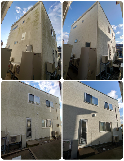 かほく市の戸建住宅で実施した外構クリーニングのコラージュ画像。外壁のコケ、土間の黒ずみ、ブロック塀の汚れを高圧洗浄で改善した様子。