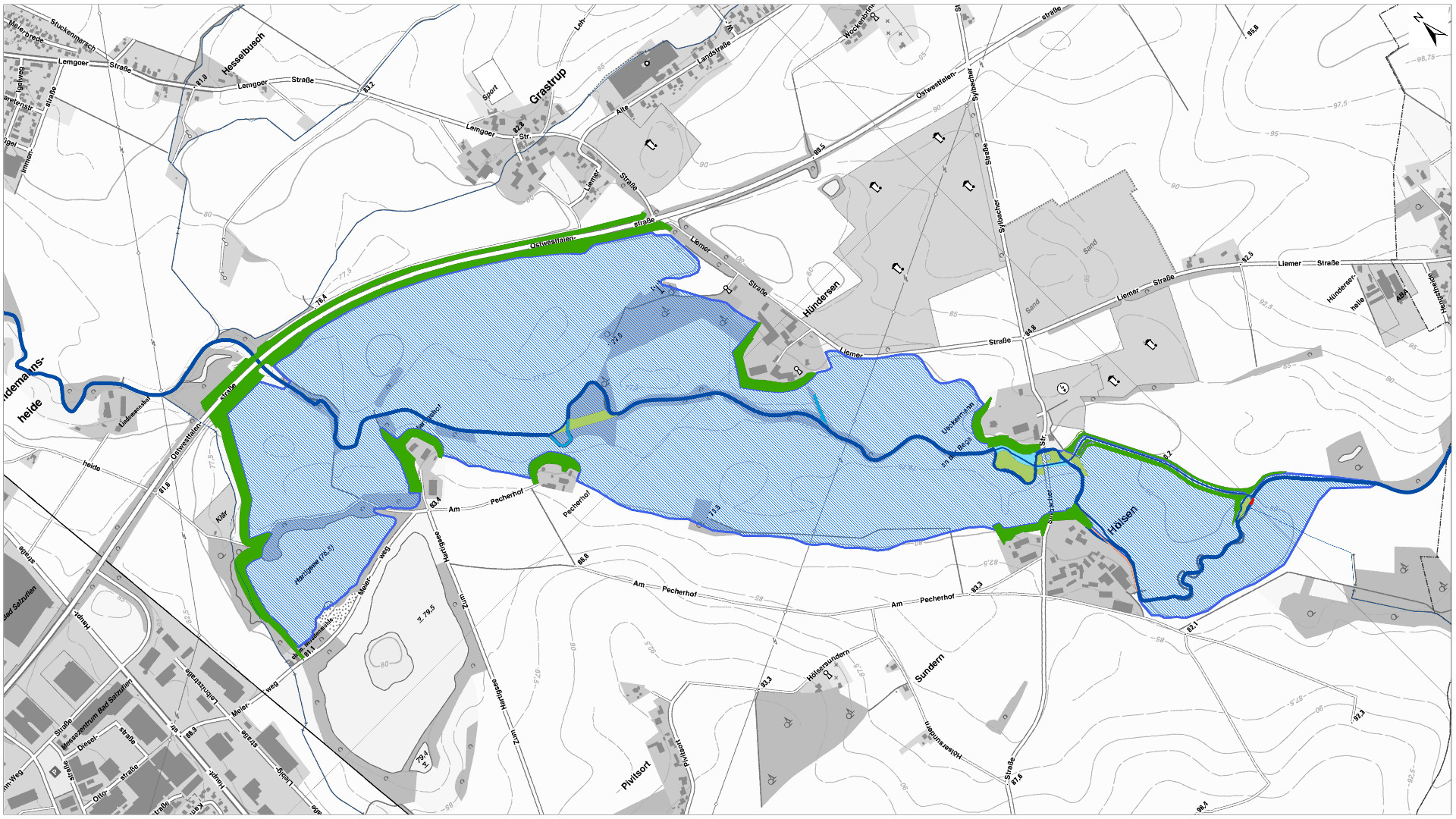Übersichtslageplan mit Einstaufläche (blau) und Deichanlagen (grün)