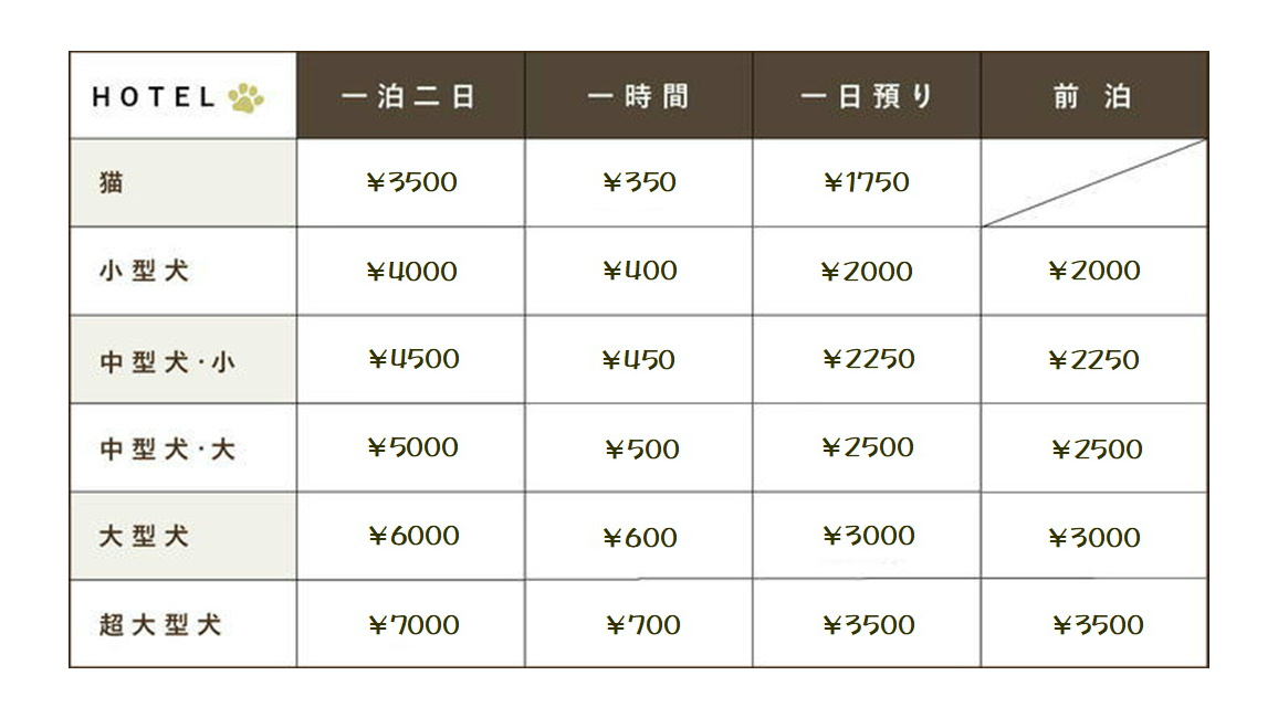 ペットホテル料金表 トリミングとペットホテルの専門店あしあと