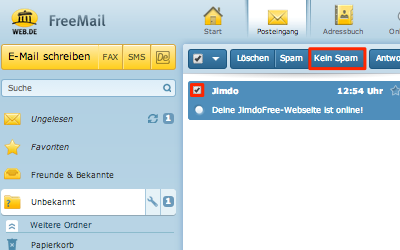 Bild: Kein Spam von Jimdo-E-Mails im web.de Postfach