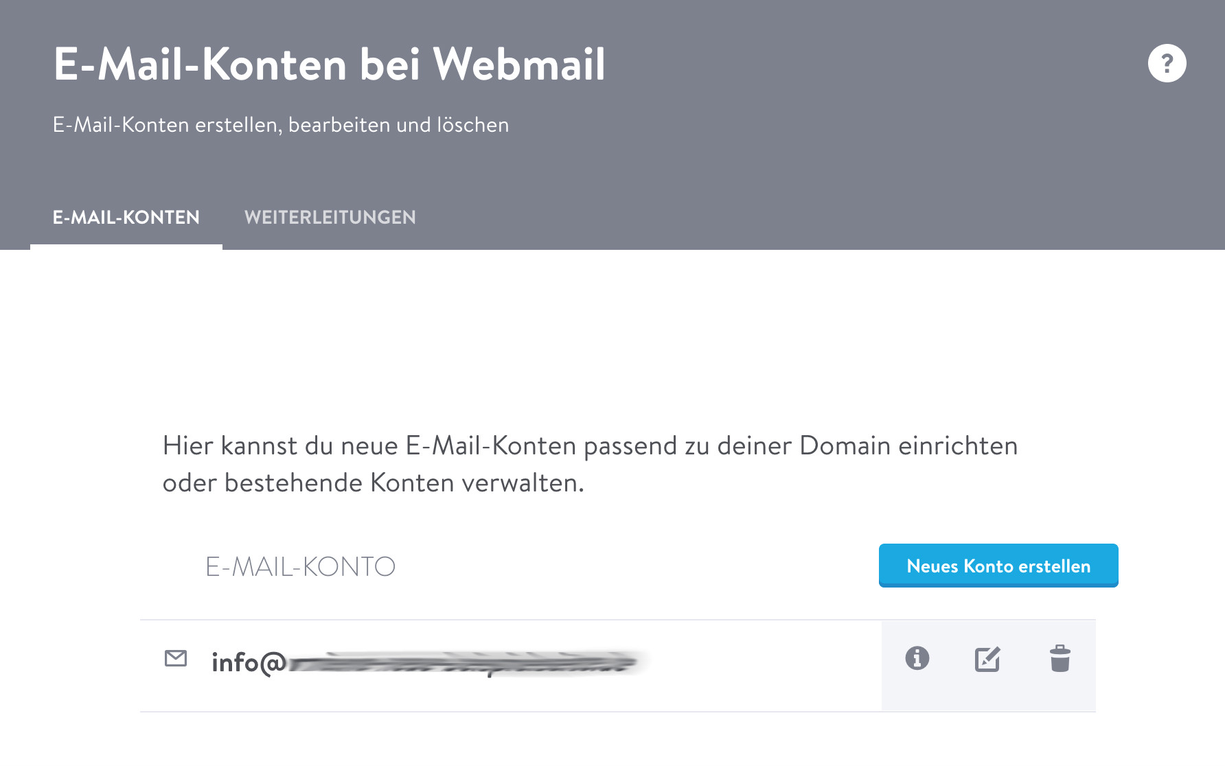 Webmail: Ansicht E-Mail-Konto hinzufügen (Bearbeitungsleiste)
