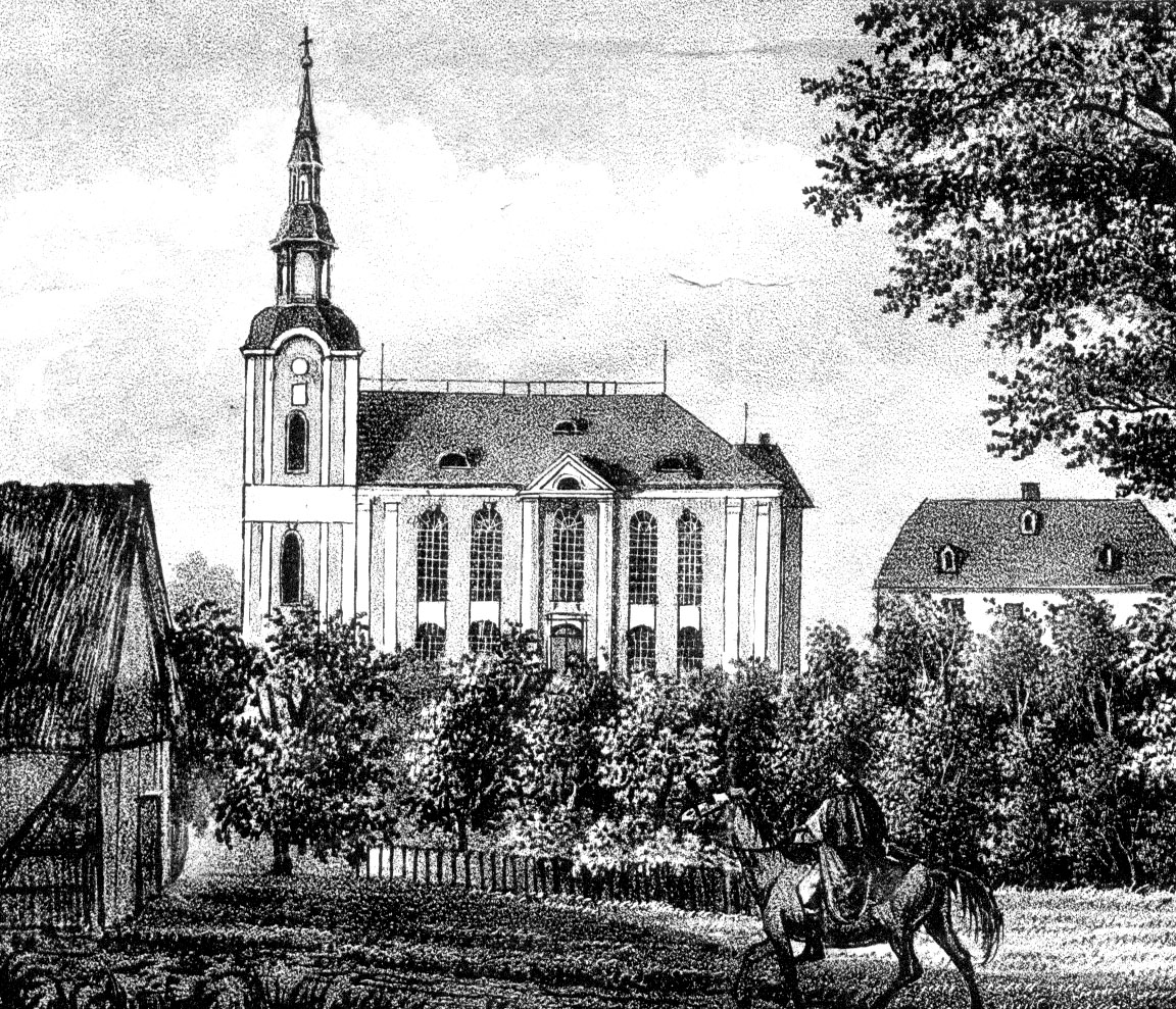 Kirche Einsiedel, alter Steindruck, etwa 1830, SW.