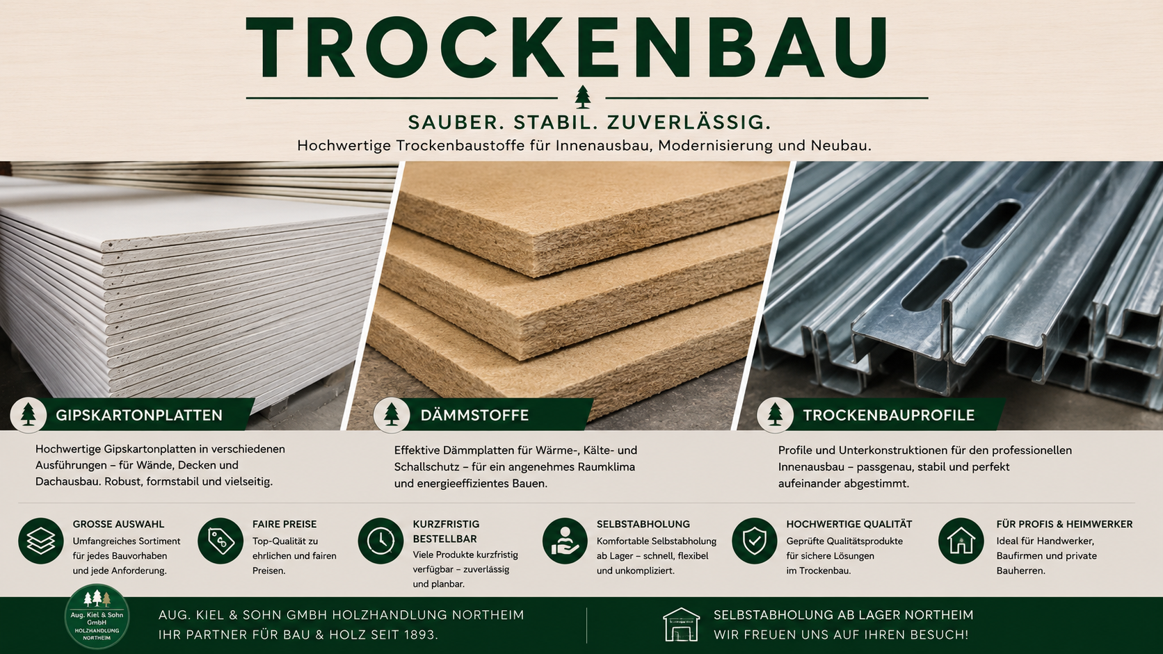 Trockenbau, Gipskartonplatten und Dämmstoffe der Aug. Kiel & Sohn GmbH – Holzhandlung Northeim