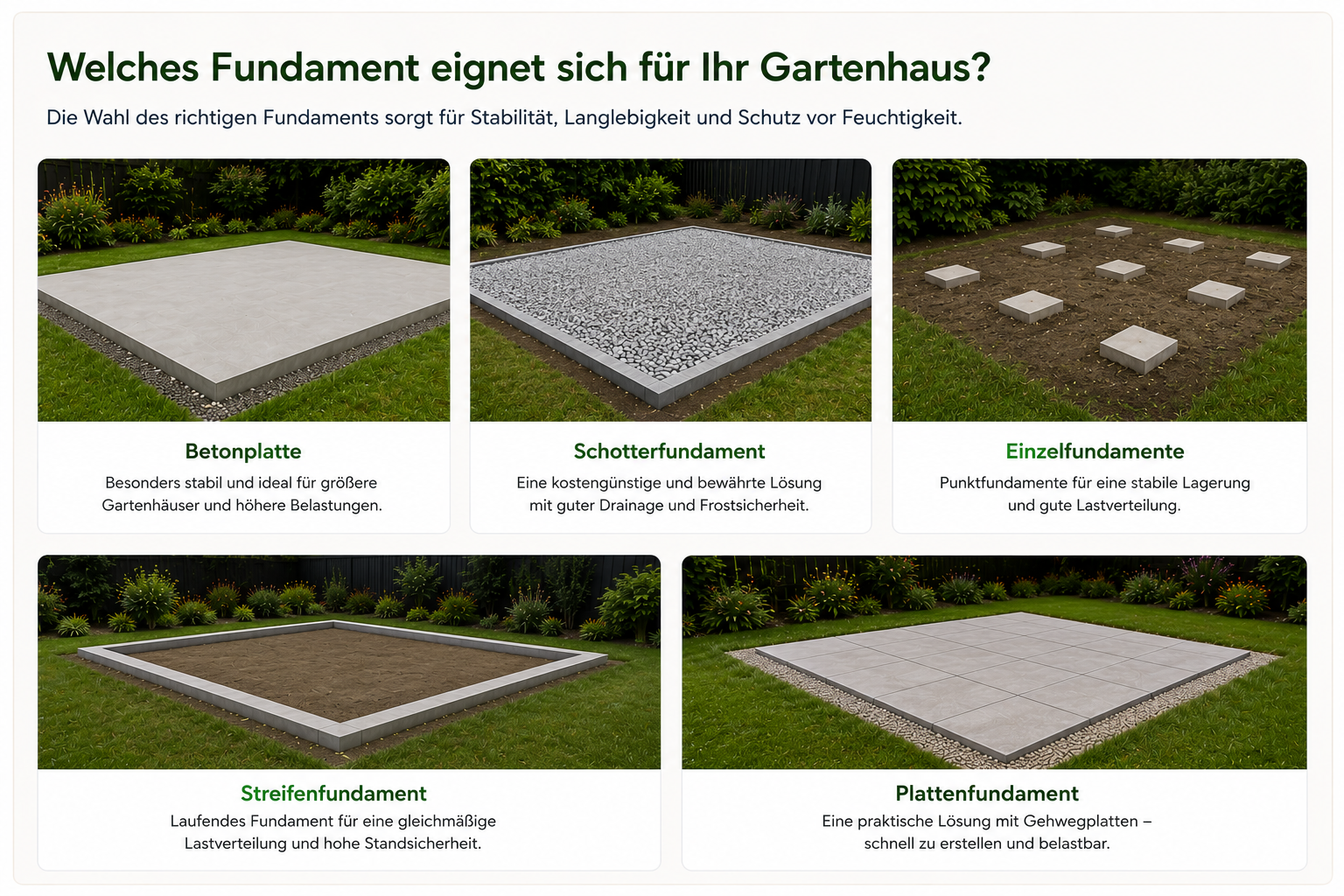 Übersicht verschiedener Fundamentarten für Gartenhäuser