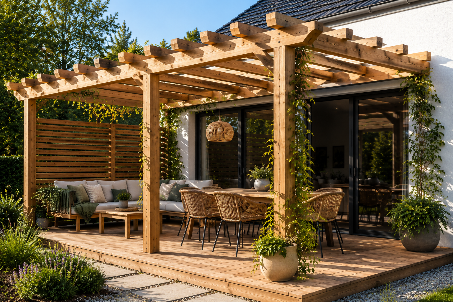Moderne Holzpergola im Garten