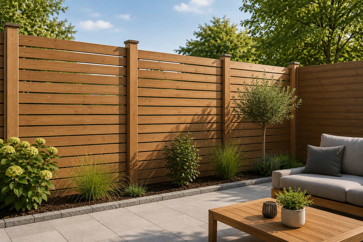 Moderne Sichtschutzanlage aus Holz im Garten