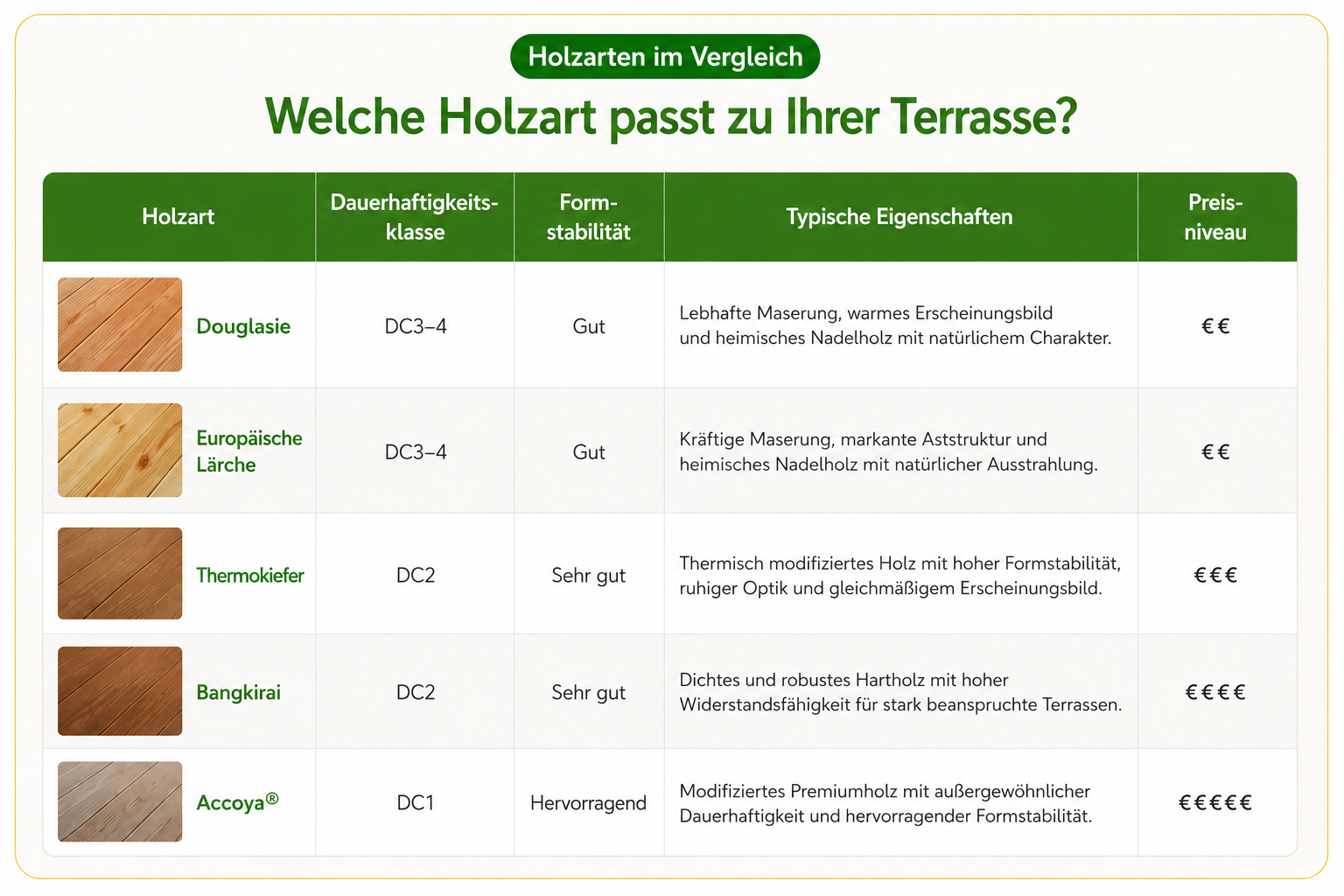 Vergleich der Terrassenhölzer Douglasie, Europäische Lärche, Thermokiefer, Bangkirai und Accoya®