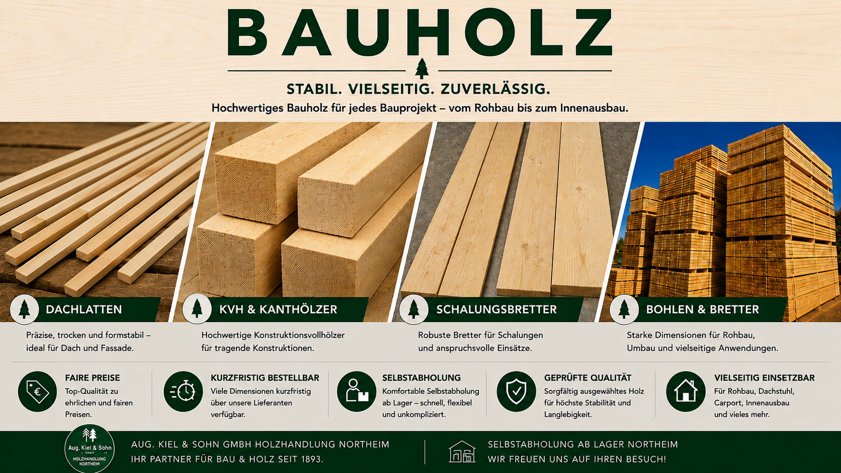 Bauholz, KVH, BSH und Dachlatten der Aug. Kiel & Sohn GmbH – Holzhandlung Northeim