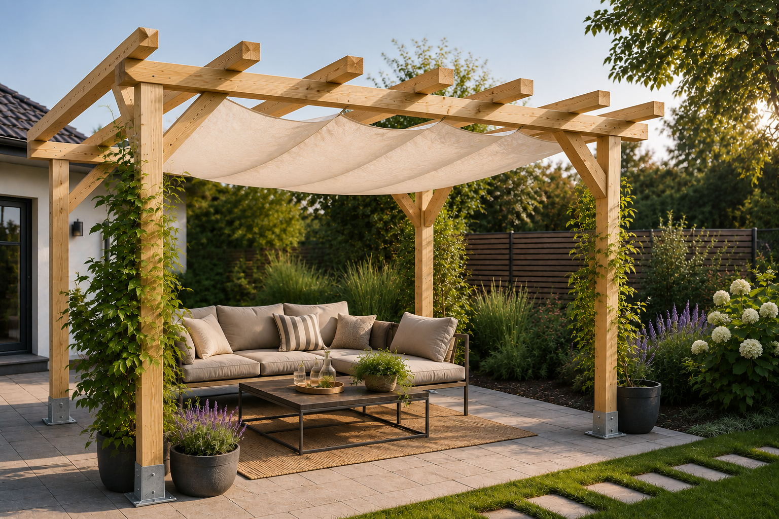 Pergola als Schattenspender mit textilem Sonnensegel