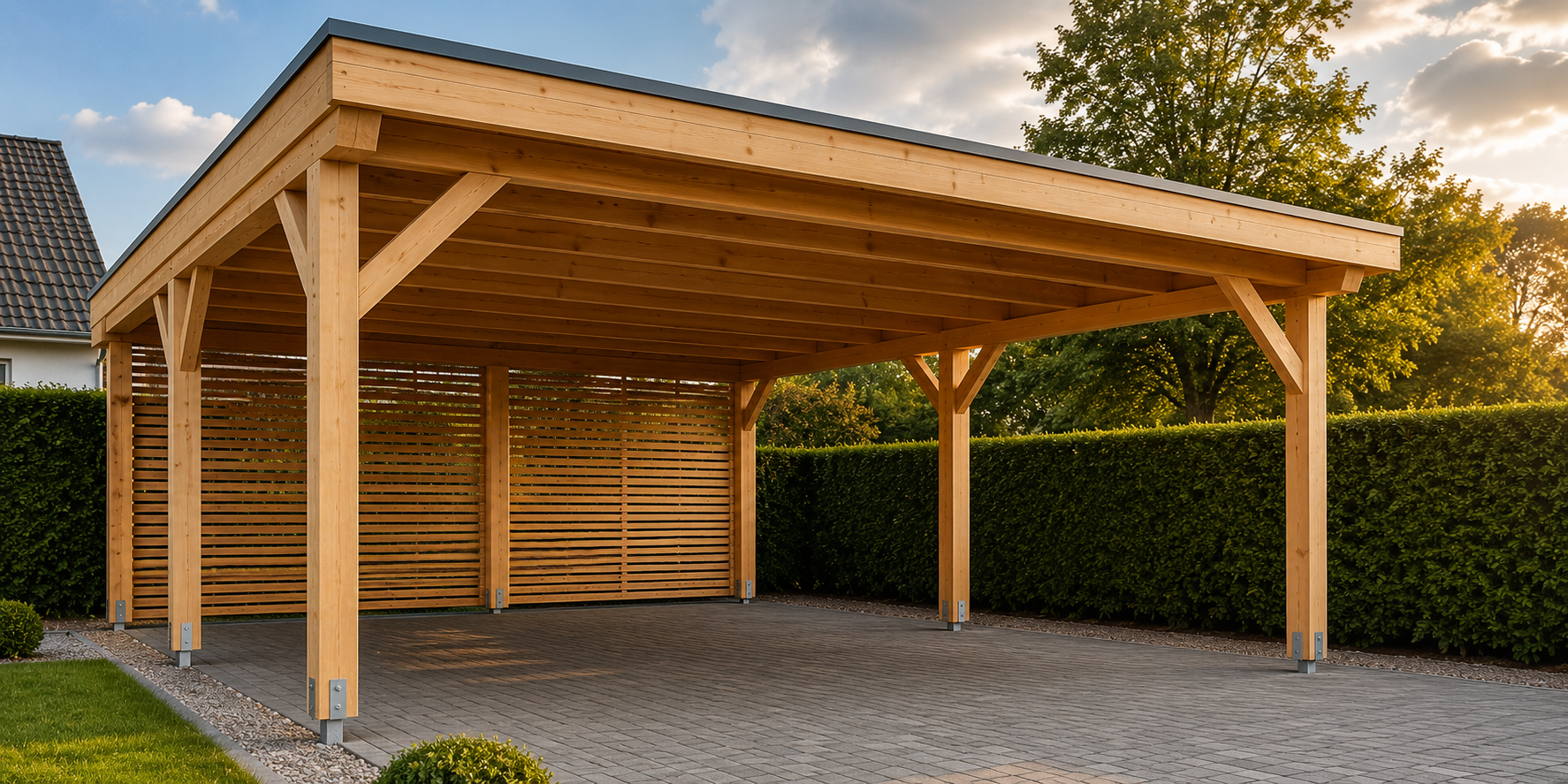 Moderner Holzcarport im Garten- und Wohnbereich