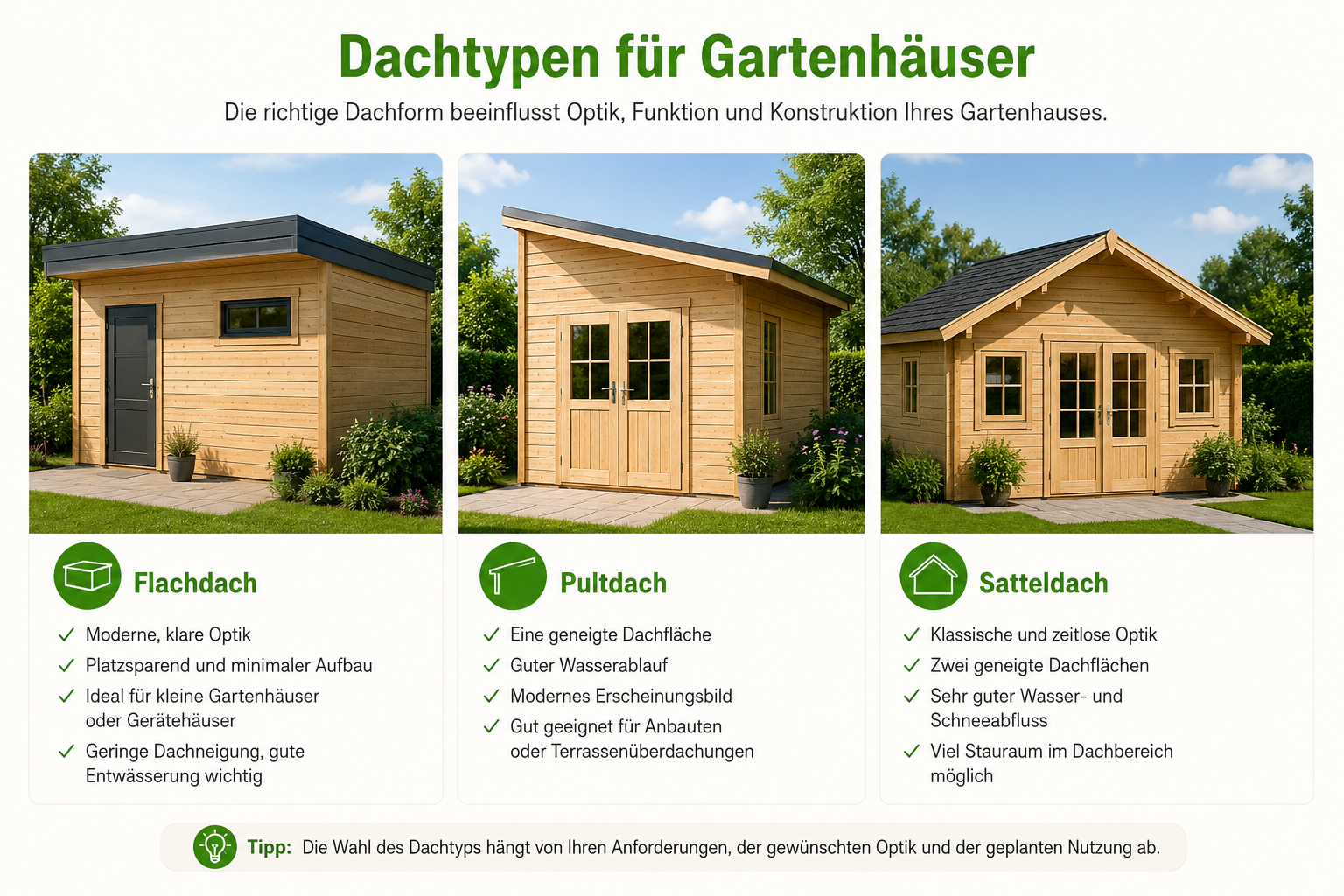Übersicht verschiedener Dachformen für Gartenhäuser