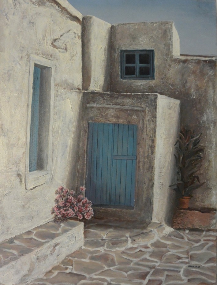"Coin de rue à Podromos (Paros)". 2009. Huile sur toile. 0,65 x 0,50.