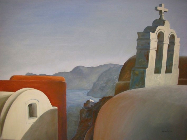 "Echancrure à Oia (Santorin)". 2010. Huile sur toile. 0,61 x 0,46.