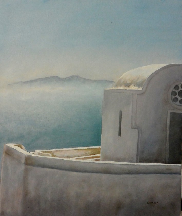 "Chapelle à Pirgos (Santorin)". 2014. Huile sur toile. 0,55 X 0,45.