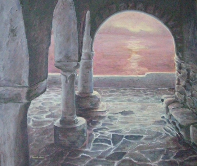 "Soleil couchant à Parikia (Paros)". 2009; Huile sur toile. 