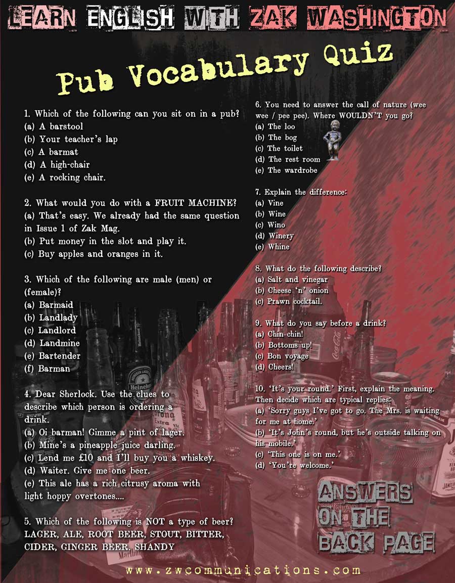 Pub Vocabulary Quiz sheet for learners of English superimposed over British pub background showing table full of empty bottles