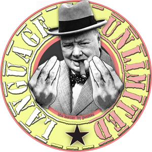 Language Unlimited logo with Winston Churchill performing typical Italian hand gesture