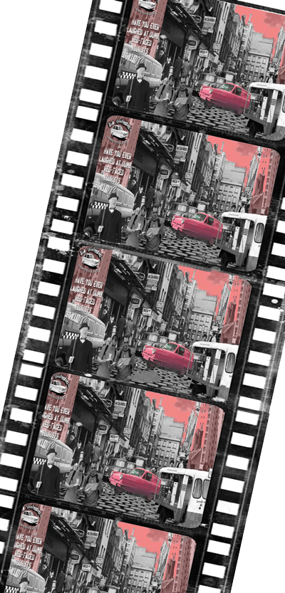Film strip with images of vintage crowded London street and iconic cars and milk float