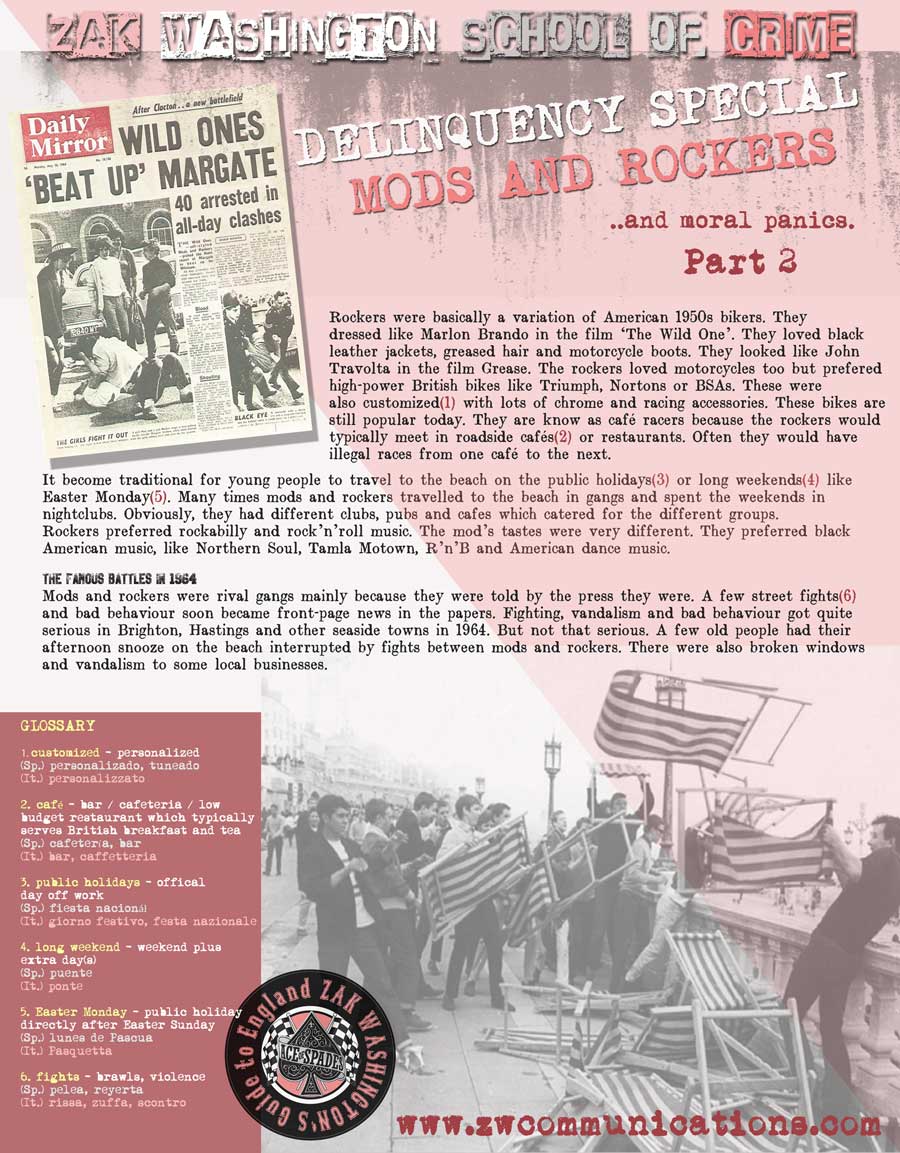 British Culture Article with glossary. Part 2. Mods & Rockers on the rampage in 1964 with images of beach front disturbances