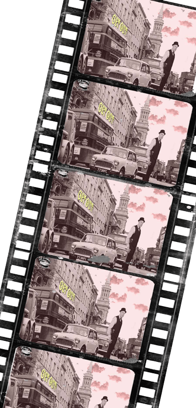 vintage film strip negative with multiple images of Zak crossing Oxford Street in front of an iconic Mini car and double decker London bus