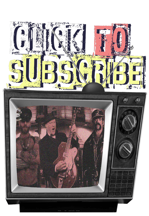 ‘Click to Subscribe’ graphic of old TV with link to Youtube showing Zak playing guitar in Soho street. 