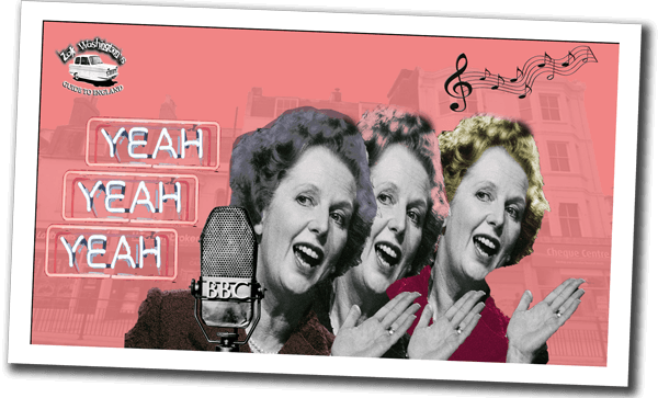 Margaret Thatcher singing into a BBC vintage microphone with 'yeah yeah yeah' in neon