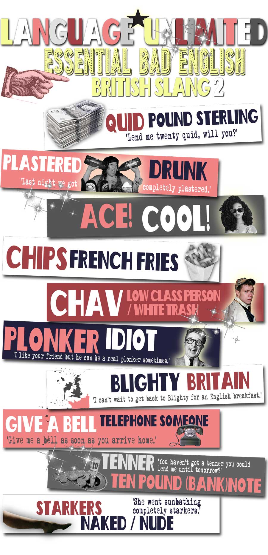 Ironic infographic entitled 'Essential Bad English! British slang 2' (non-vulgar) like 'Quid' 'Ace' 'Plastered' 'Chav' 'Plonker' explanations+illustrations
