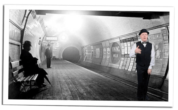 Polaroid shot of a historical black and white London underground tube station in the 1890s