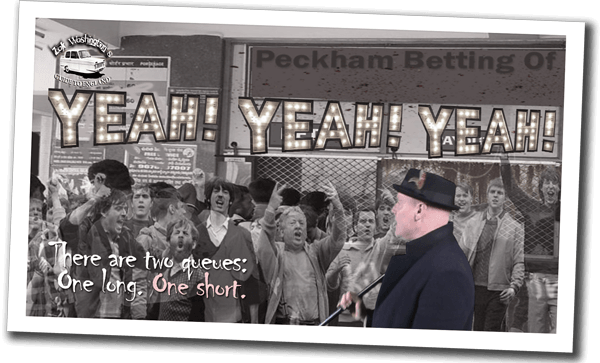vintage style video still featuring Zak Washington in a smoky old Betting Shop (1960s style)