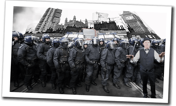 Comical polaroid of Zak standing in front of English riot police telling people to calm down against London skyline