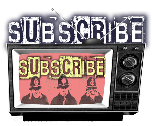 Vintage TV broadcasting three British 'Bobbies', one covering ears, one covering mouth and one covering eyes